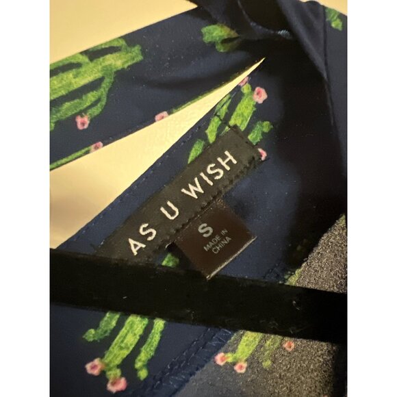 Cactus Print Romper By As U Wish - Size S 100% Polyester Blue & Green Made In Ch - Picture 4 of 7